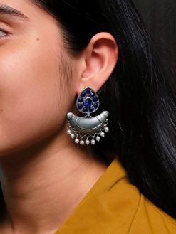 Adorable Look Silver Replica Oxidised Chandbali Earrings with Stone & Pearl Detailing
