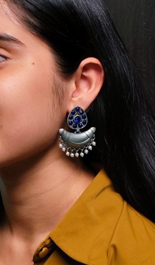 Adorable Look Silver Replica Oxidised Chandbali Earrings with Stone & Pearl Detailing