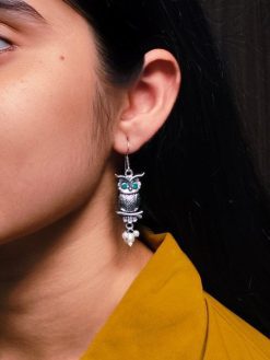 Adorable German Silver Owl Earrings – Western Hook Style Dangler with Pearl & Stone