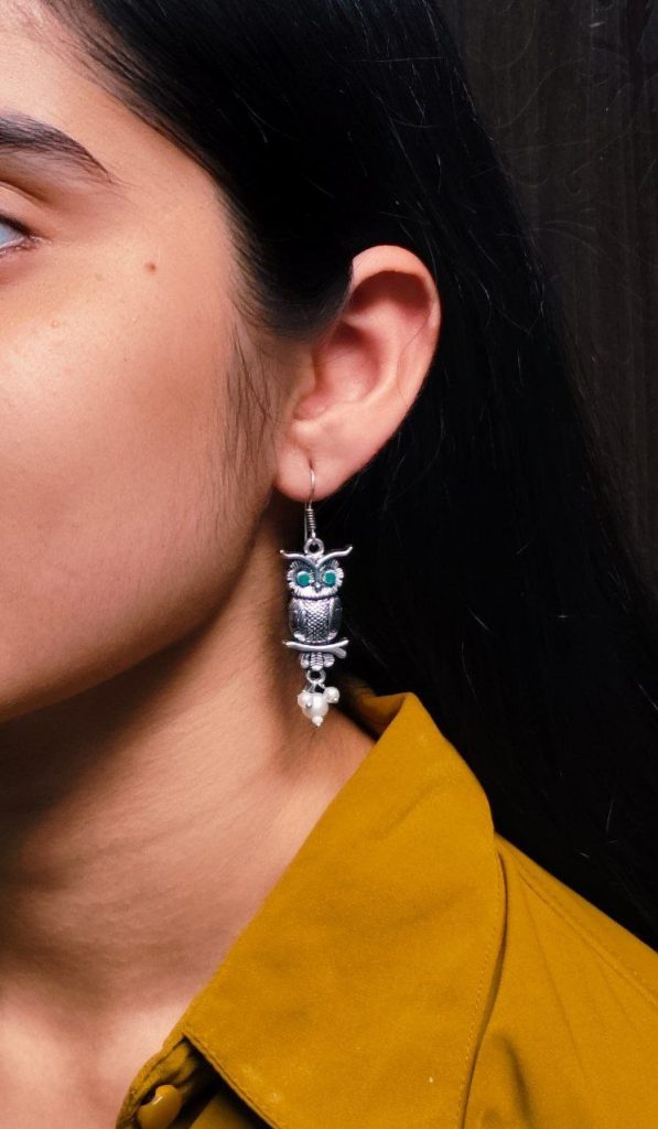 Adorable German Silver Owl Earrings – Western Hook Style Dangler with Pearl & Stone