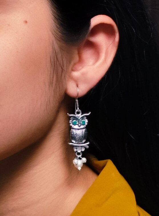 Adorable German Silver Owl Earrings – Western Hook Style Dangler with Pearl & Stone 1 Adorable German Silver Owl Earrings – Western Hook Style Dangler with Pearl & Stone