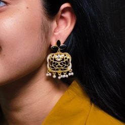 Gold plated floral art dangler earrings with stone and pearl work