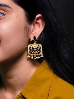 Gold plated floral art dangler earrings with stone and pearl work