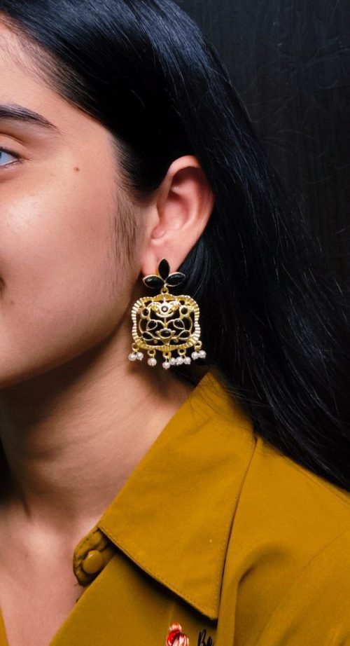 Gold plated floral art dangler earrings with stone and pearl work