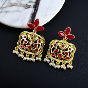 Gold Plated Floral Art Earrings | Stone & Pearl Work for Best Ethnic Wear Dangler Jewelry - color: "Red"