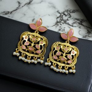 Gold Plated Floral Art Earrings | Stone & Pearl Work for Best Ethnic Wear Dangler Jewelry - color: "Baby Pink"