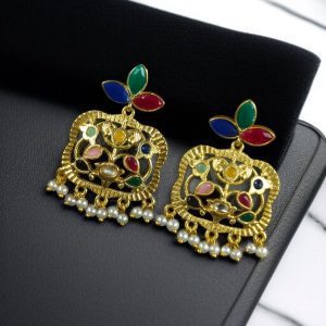 Gold Plated Floral Art Earrings | Stone & Pearl Work for Best Ethnic Wear Dangler Jewelry - color: "Multi"