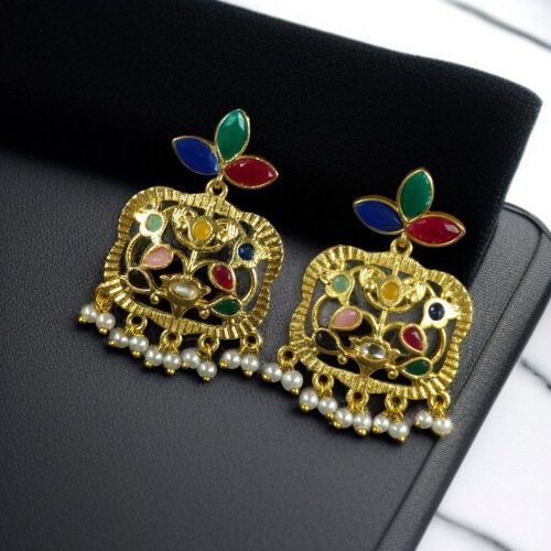 Gold plated floral art dangler earrings with stone and pearl work