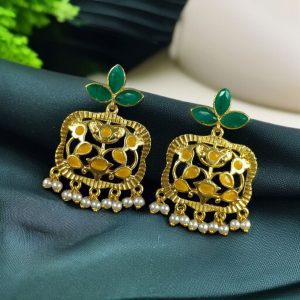 Gold Plated Floral Art Earrings | Stone & Pearl Work for Best Ethnic Wear Dangler Jewelry - color: "Green-Yellow"