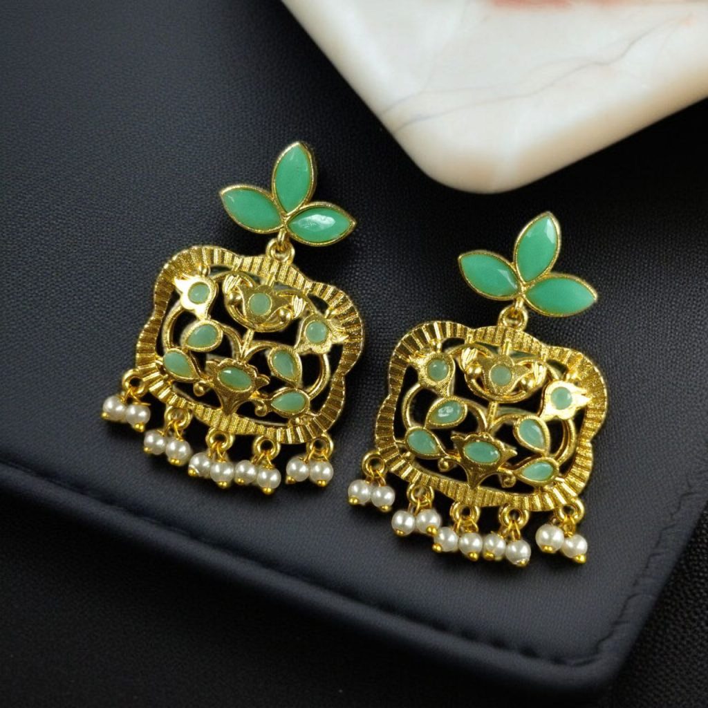 Bulk 888 Gold Plated Floral Art Earrings | Stone & Pearl Work for Best Ethnic Wear Dangler Jewelry - "Mint"