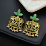 Gold Plated Floral Art Earrings | Stone & Pearl Work for Best Ethnic Wear Dangler Jewelry - "Mint"