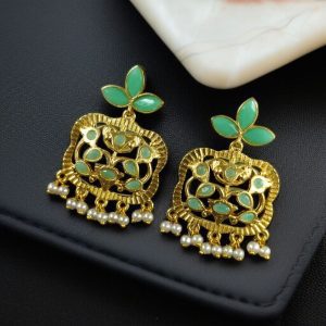 Gold Plated Floral Art Earrings | Stone & Pearl Work for Best Ethnic Wear Dangler Jewelry - color: "Mint"