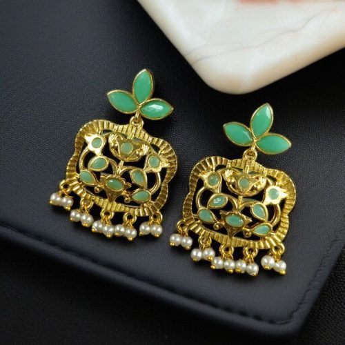 Gold plated floral art dangler earrings with stone and pearl work
