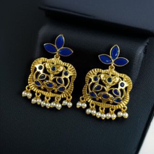 Gold Plated Floral Art Earrings | Stone & Pearl Work for Best Ethnic Wear Dangler Jewelry - color: "Blue"