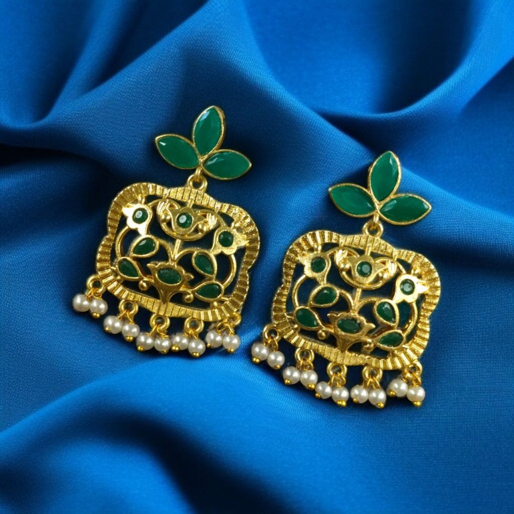Bulk 886 Gold Plated Floral Art Earrings | Stone & Pearl Work for Best Ethnic Wear Dangler Jewelry - "Green"
