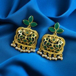 Gold Plated Floral Art Earrings | Stone & Pearl Work for Best Ethnic Wear Dangler Jewelry - color: "Green"