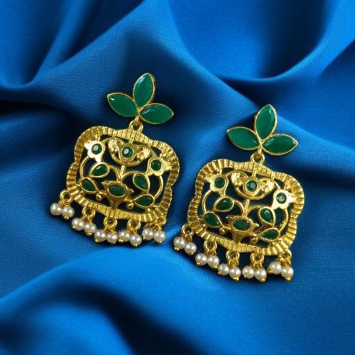 Gold plated floral art dangler earrings with stone and pearl work