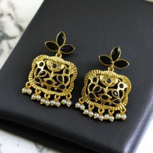 Gold Plated Floral Art Earrings | Stone & Pearl Work for Best Ethnic Wear Dangler Jewelry - color: "Black"