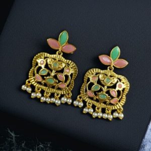 Gold Plated Floral Art Earrings | Stone & Pearl Work for Best Ethnic Wear Dangler Jewelry - color: "Baby Pink-Mint"