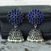 Oxidised silver plated jhumka earrings with stone and pearl detailing
