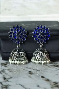 Oxidised Silver Plated Jhumka Earrings with Stone & Pearl Work Perfect for Ethnic Wear - color: "Blue"