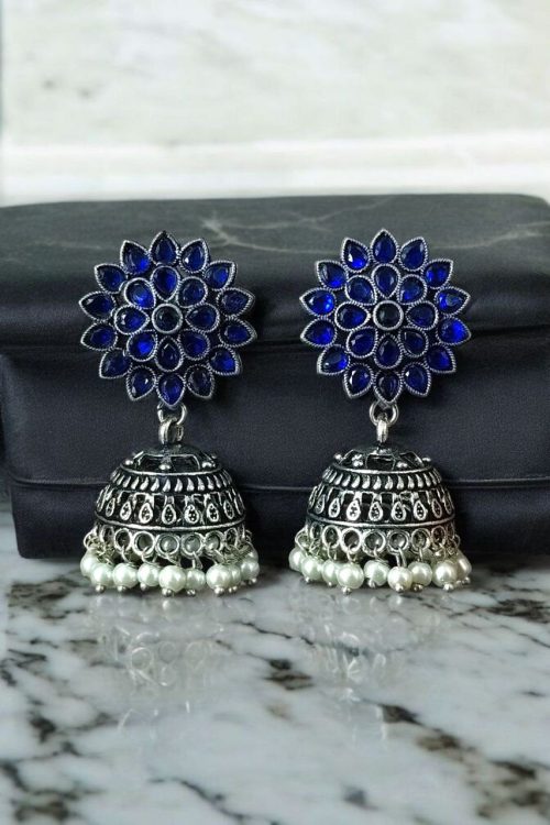 Oxidised silver plated jhumka earrings with stone and pearl detailing