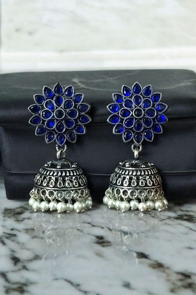 Bulk 856 Oxidised Silver Plated Jhumka Earrings with Stone & Pearl Work Perfect for Ethnic Wear - "Blue"