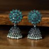 Oxidised silver plated jhumka earrings with stone and pearl detailing