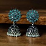 Oxidised Silver Plated Jhumka Earrings with Stone & Pearl Work Perfect for Ethnic Wear - "Mint"