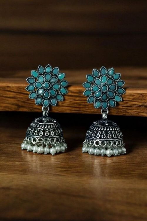 Oxidised silver plated jhumka earrings with stone and pearl detailing