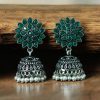Oxidised silver plated jhumka earrings with stone and pearl detailing