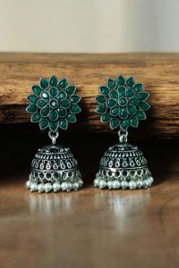 Oxidised Silver Plated Jhumka Earrings with Stone & Pearl Work Perfect for Ethnic Wear - color: "Green"