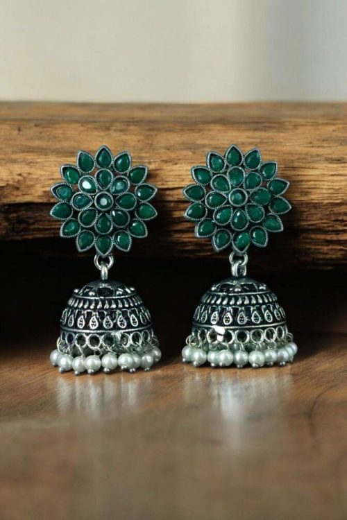 Oxidised silver plated jhumka earrings with stone and pearl detailing
