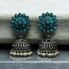 Oxidised silver plated jhumka earrings with stone and pearl detailing