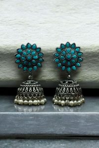 Oxidised Silver Plated Jhumka Earrings with Stone & Pearl Work Perfect for Ethnic Wear - color: "Aqua"