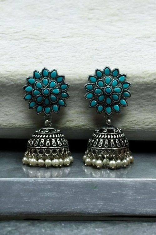 Oxidised silver plated jhumka earrings with stone and pearl detailing