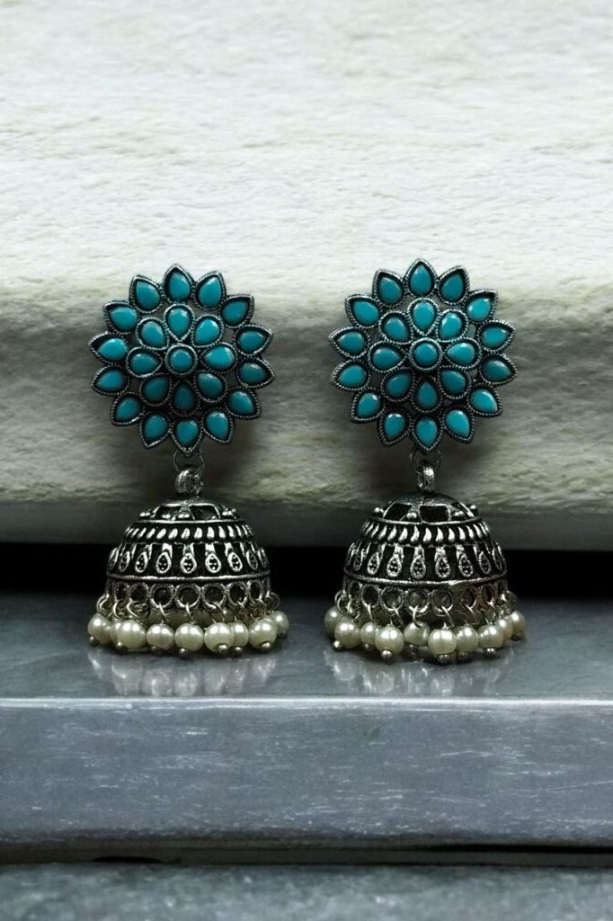 Bulk 858 Oxidised Silver Plated Jhumka Earrings with Stone & Pearl Work Perfect for Ethnic Wear - "Aqua"