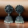 Oxidised silver plated jhumka earrings with stone and pearl detailing