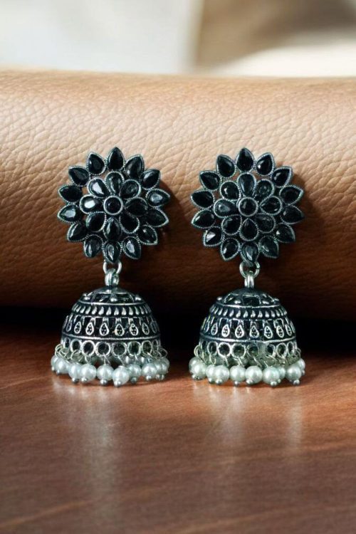 Oxidised silver plated jhumka earrings with stone and pearl detailing