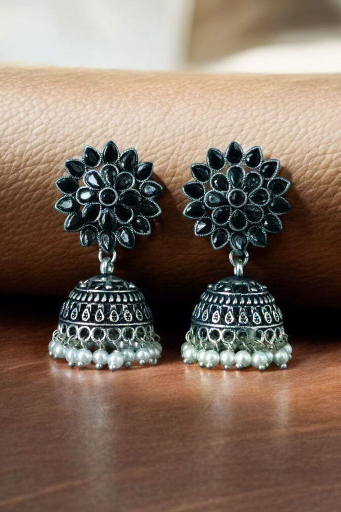 Bulk 864 Oxidised Silver Plated Jhumka Earrings with Stone & Pearl Work Perfect for Ethnic Wear - "Black"