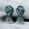 Oxidised silver plated jhumka earrings with stone and pearl detailing