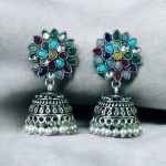 Oxidised Silver Plated Jhumka Earrings with Stone & Pearl Work Perfect for Ethnic Wear - "Multi"