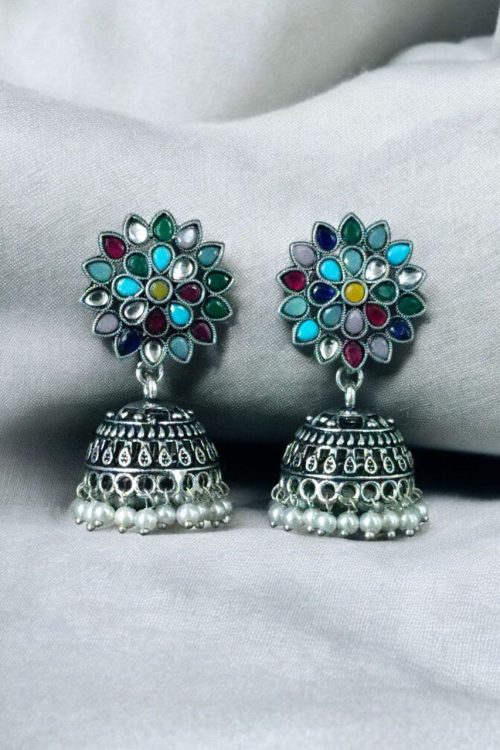 Oxidised silver plated jhumka earrings with stone and pearl detailing