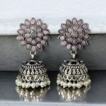 Oxidised Silver Plated Jhumka Earrings with Stone & Pearl Work Perfect for Ethnic Wear - "Baby Pink "