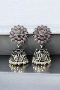 Oxidised Silver Plated Jhumka Earrings with Stone & Pearl Work Perfect for Ethnic Wear - color: "Baby Pink "