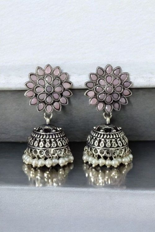 Oxidised silver plated jhumka earrings with stone and pearl detailing