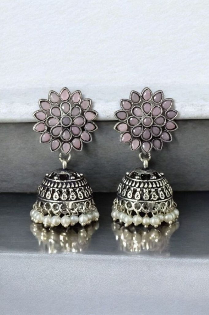 Bulk 870 Oxidised Silver Plated Jhumka Earrings with Stone & Pearl Work Perfect for Ethnic Wear - "Baby Pink "