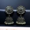 Oxidised silver plated jhumka earrings with stone and pearl detailing