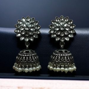 Oxidised Silver Plated Jhumka Earrings with Stone & Pearl Work Perfect for Ethnic Wear - color: "White"