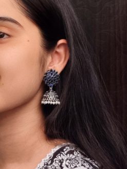 Oxidised silver plated jhumka earrings with stone and pearl detailing